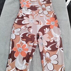 Floral Jumpsuit Womens Small Brown Orange Backless Halter Capri Boho Stretch